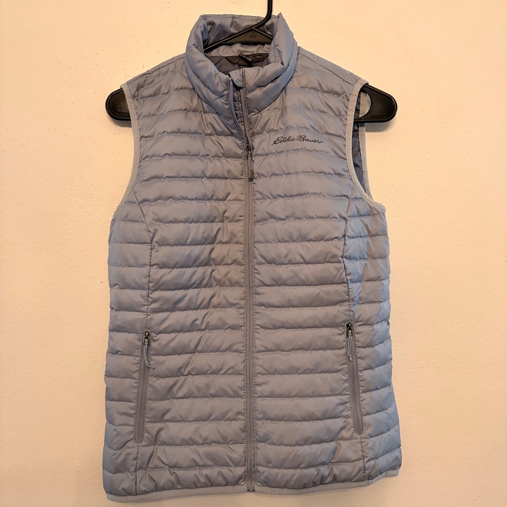 Eddie Bauer Puffer Vest Women XS Blue Grey Excellent Down EB650 Quilted Gorpcore